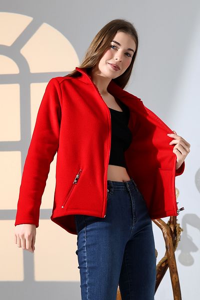 DİVİSTA Women's Red Color Standard Fit Full Zipper Fleece