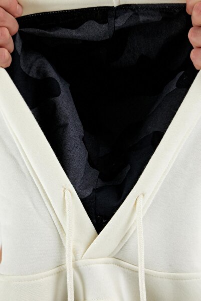 Polo State Ανδρικό φούτερ εκρού με κουκούλα με κέντημα και τσέπη καγκουρό, βαμβακερό εσωτερικό με 3 κλωστές και κανονική εφαρμογή