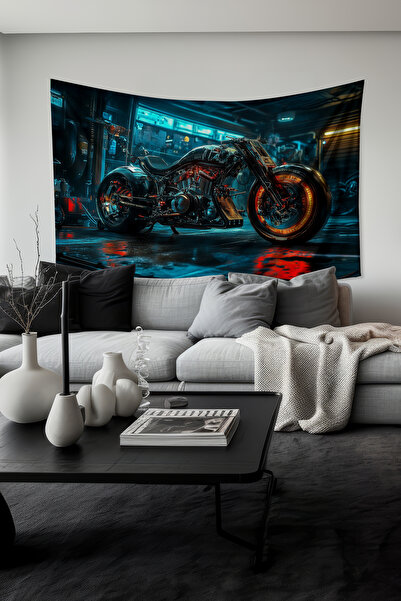 Moud's Neon Işıklı Motosiklet Desenli Duvar Halısı Duvar Örtüsü Tapestry Süet...