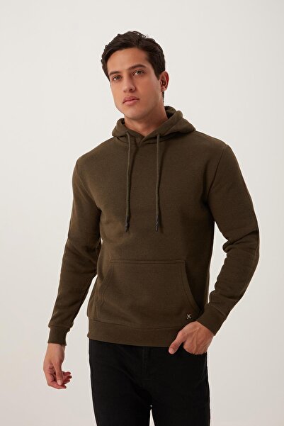 Polo State Erkek Kapüşonlu Kanguru Cep 3 İplik Sweatshirt Haki