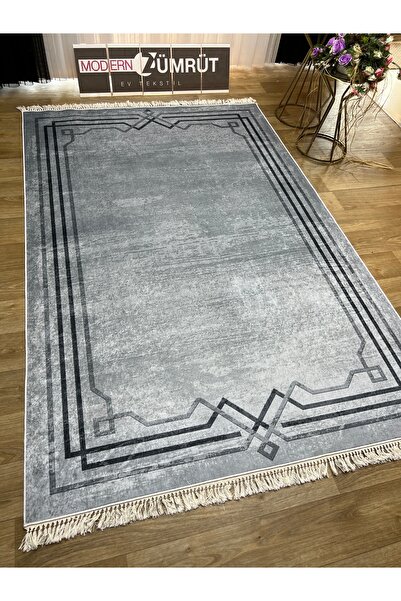 Zümrüt Ev Tekstil Dijital Baskılı Makinede Yıkanabilir Dot Taban Halı İkbal Gri