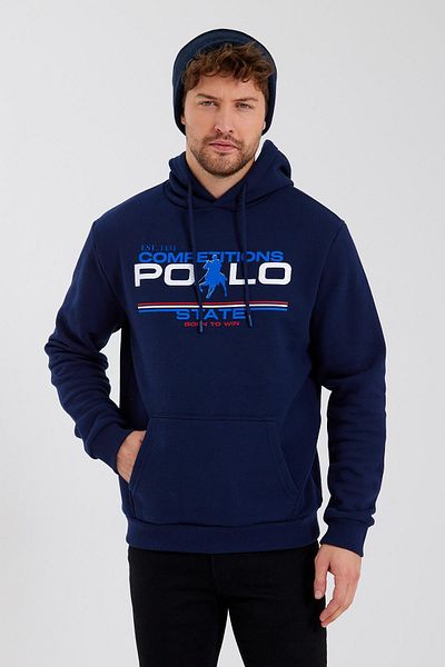 Polo State Мъжки щампован суичър с 3 нишки с качулка, тъмносин