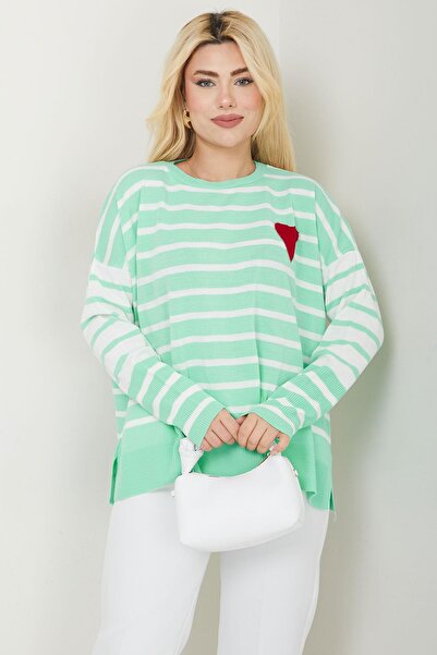 SENSTIL Πουλόβερ με ρίγες και απλικέ καρδιά σε χρώμα μέντας - SS2617