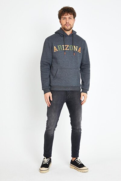 Polo State Мъжка 3-слойна памучна блуза с подплата от полар, редовна кройка, бродирана качулка с кенгуру джобове, антрацитна блуза