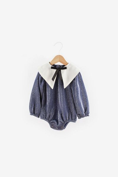 Le Mabelle Navy Blue Collar Detailed Glitter Baby Girl Jumpsuit - Bailey