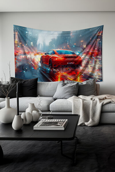 Moud's Kırmızı Spor Araba Desenli Duvar Halısı Duvar Örtüsü Tapestry Süet Dok...