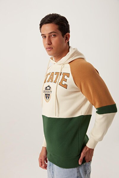 Polo State Ανδρικό φούτερ εκρού με κουκούλα με στάμπα, 3 νήματα, βαμβακερό εσωτερικό φλις, 3 χρώματα, oversize