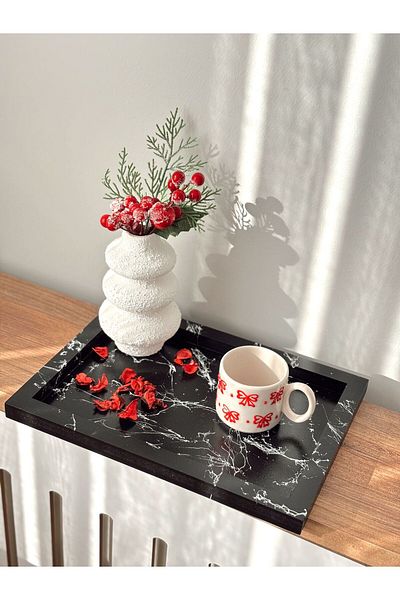 DEKORMED Marble Patterned Black Wood Table