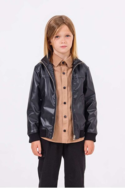 DAZZLEDKİDS Erkek Çocuk Deri Ceket Fermuarlı Altı Manşetli