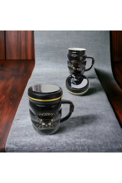 evimdeyokyok Panda Patterned Porcelain Mug Cup with Mirror Lid Black Mug Cup