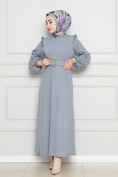 Sevitli Gray Ruffle Belt Dress with Shoulder Detail