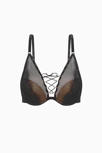 Wonna Bağlama Detaylı Dantelli Sütyen - Dolgusuz - Fashion - 2579 - Siyah Kap...