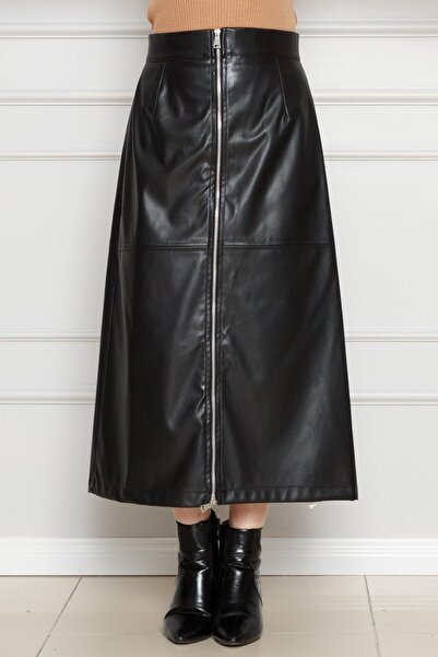 Sevitli Δερμάτινη φούστα με μπροστινή λεπτομέρεια με φερμουάρ-Μαύρο