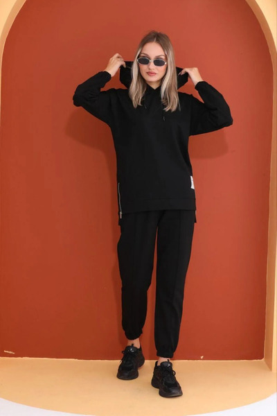 BEYAZTOPTAN Women's 705 Black Hooded and Side Zipper Tracksuit Set