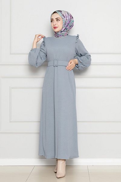 Sevitli Gray Ruffle Belt Dress with Shoulder Detail