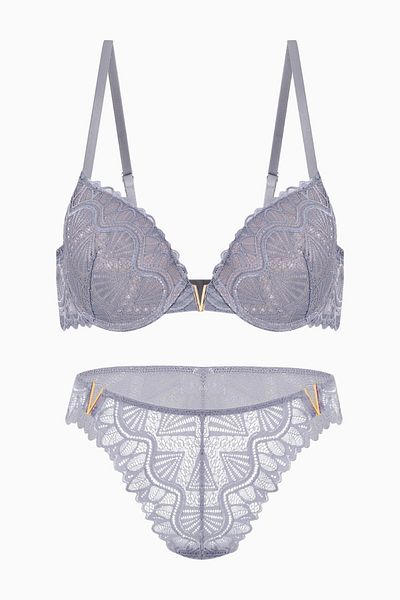 Wonna Σετ εσώρουχα Anna Lace Bra με χρυσά αξεσουάρ - Push Up - 2568 - Γκρι