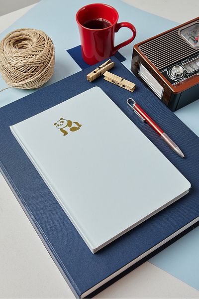 inkglo Light Blue Gold Leaf Panda Printed Dotted Velvet Touch Cover 112 Sheets Note Book