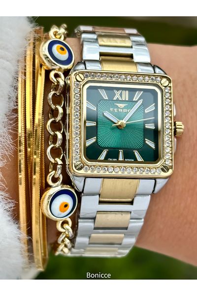 FERRO Brand Yellow Silver Color Steel Band, Green Dial Square Case Women's Wristwatch+Bracelet