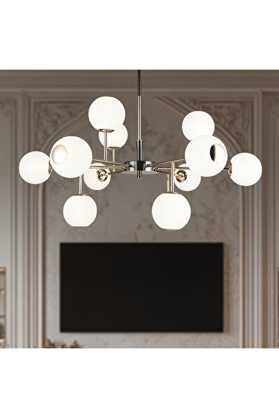 Apliqa Sofia 12'li Siyah Gold 100 Watt Yuvarlak Modern Oturma Odası, Salon Avize