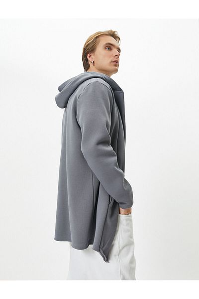Koton Hooded Cardigan with Stitching Detail and Asymmetric Cut with Pockets