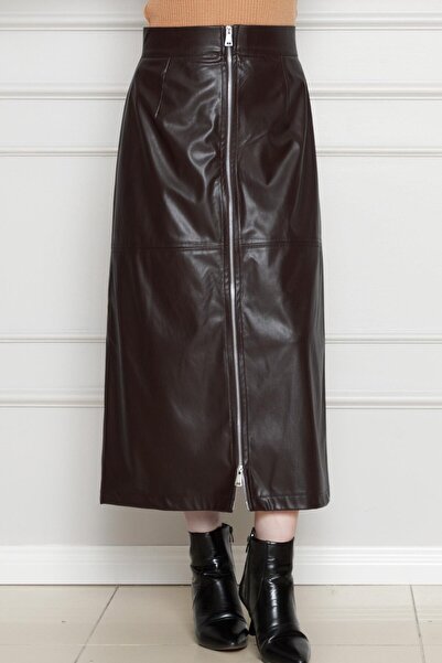 Sevitli Καφέ δερμάτινη φούστα - Μπροστινή λεπτομέρεια με φερμουάρ