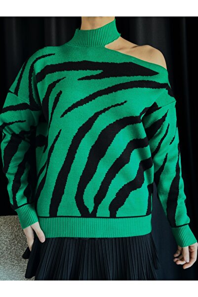 julude Green Women's Off-Shoulder Zebra Patterned Knitwear Blouse