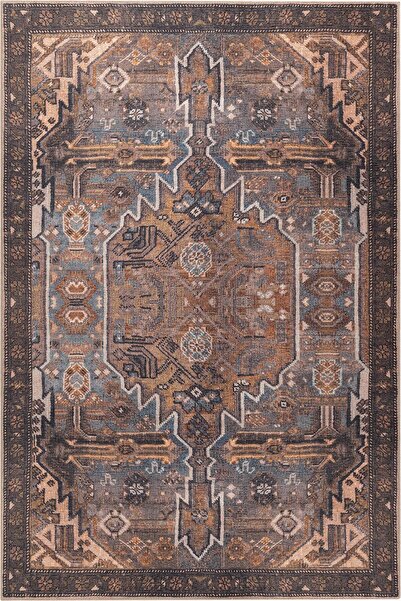 ARTLOOP Folk Etnik Desenli Dokuma Taban Dekoratif Kahverengi Halı BA 01