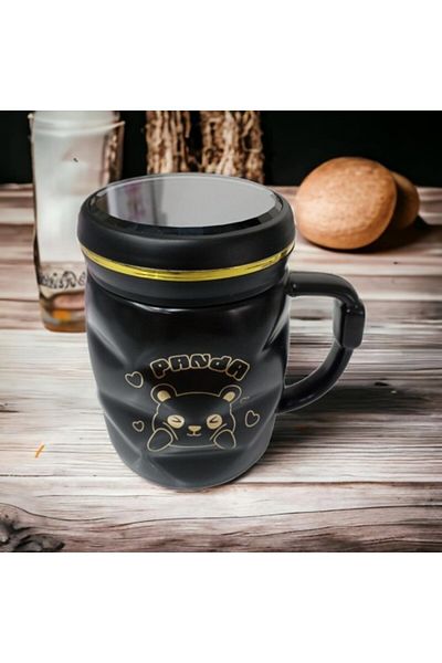 evimdeyokyok Panda Patterned Porcelain Mug Cup with Mirror Lid Black Mug Cup