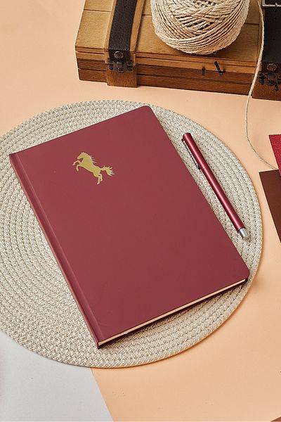 inkglo Bloc de note cu 112 coli, cu copertă din catifea cu puncte imprimate cu cal cu foi de aur burgundă