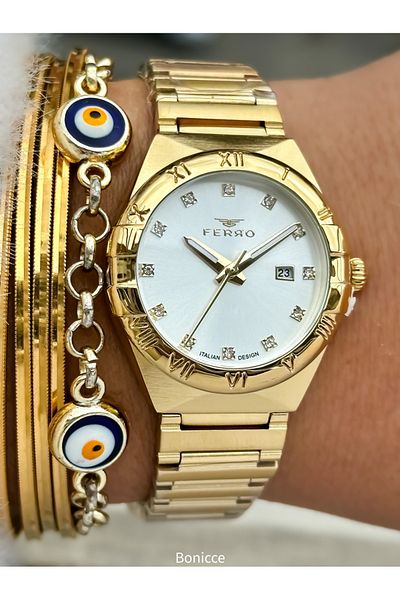 FERRO Brand Yellow Color Steel Band Women Wrist Watch+Bracelet