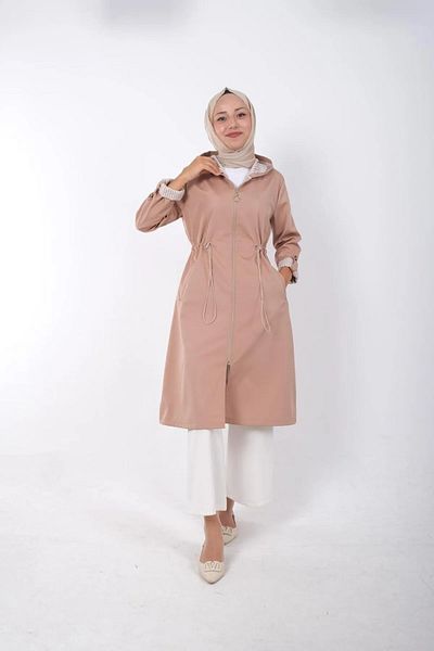 Tesettür Diyarı Beige Women's Trench Coat - Elastic Waist, Zipper Detail and Hoodie