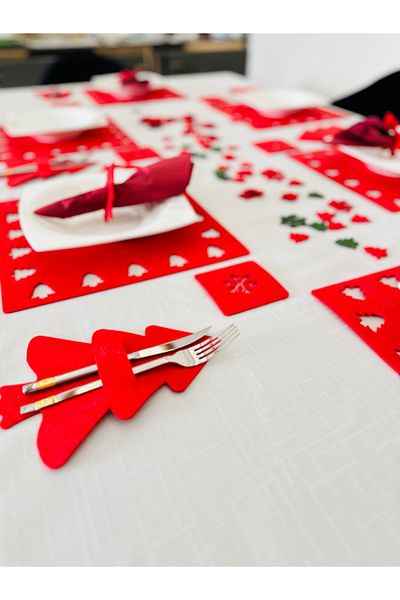 Karter İnovasyon New Year's Themed 32-Piece American Service, New Year's 8-Person Plate Set, New Year's Square Service Red