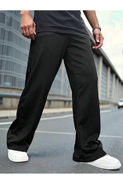 yx yustex sport Bol Paça Erkek Düz paçaSiyah Baggy Eşofman Altı Casual Comfort Rahat