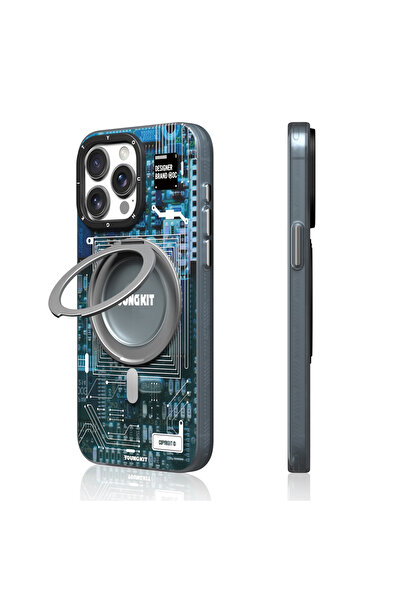Youngkit iPhone 15 Pro Max Kılıf Magsafe Şarj Özellikli Youngkit 360° Standlı Technology Serisi Kapak Mavi