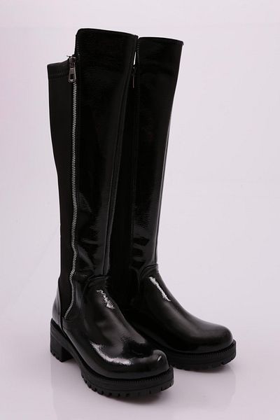 DGN Women's Side Zipper Stretch Heeled Black Patent Leather Shoes 7152668