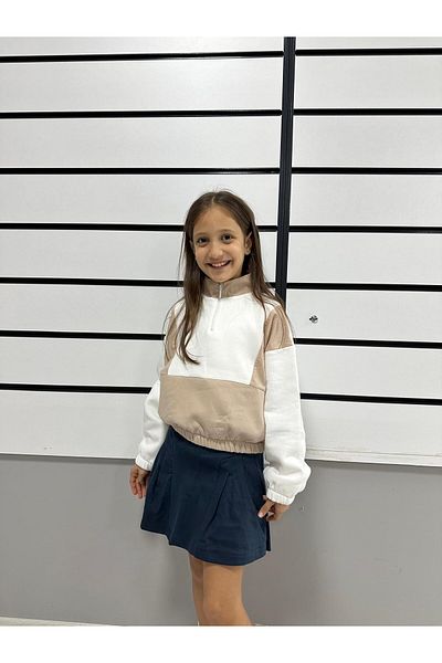 Kübra Tekstil Regular Fit Stand Collar Oversize Half Zipper Girls' Sweatshirt