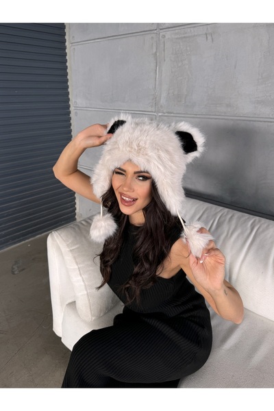 Kapin Kulaklı Kabarık Kürk Kalpak Şapka Peluş Slavic Şapka - Panda Siyah Beyaz