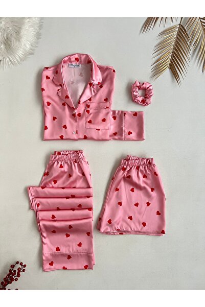 KARLİNAX Yılbaşı Hediyesi Kutulu 4 Parça Pembe Kırmızı Kalpli Pijama Seti