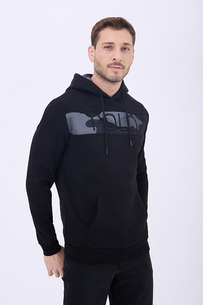 Polo State Hanorac negru pentru bărbați, din bumbac, cu 3 fire, cu fleece în interior, cu broderie, cu glugă, cu buzunar cangur