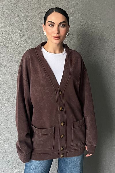 Seda Yalçın Atelier Coffee Logo Detail Washed Cardigan