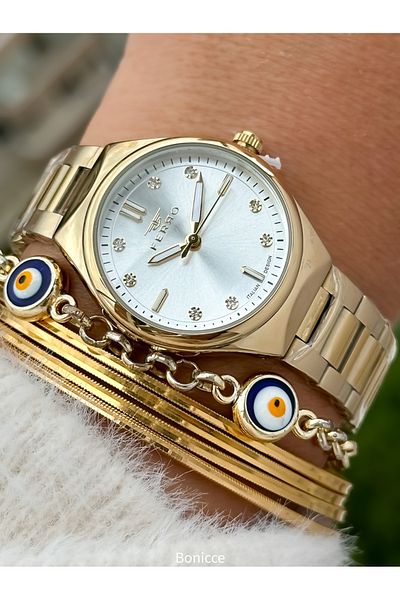 FERRO Brand Yellow Color Steel Band, White Dial Rhinestone Women's Wrist Watch + Bracelet