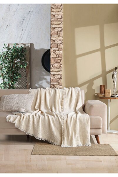 luxtex Ekru, 4 Kat Müslin Yatak Örtüsü, Koltuk Örtüsü, Battaniye, Tek Kişilik 180 X 200 cm