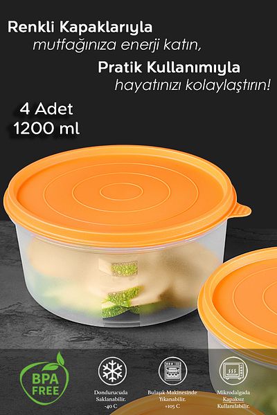 Meleni Home Round Food Storage Set of 4 - Food Container 4X1200Ml Orange Organizer Organizer
