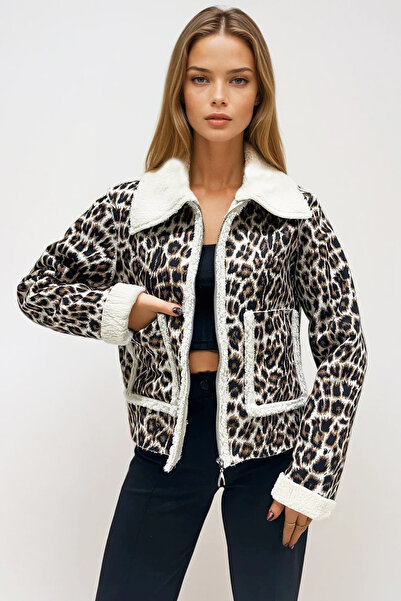 VAGGON Γυναικείο Leopard Double Pocket Faux Fur Inside Faux Leather Biker Jacket Prm0408