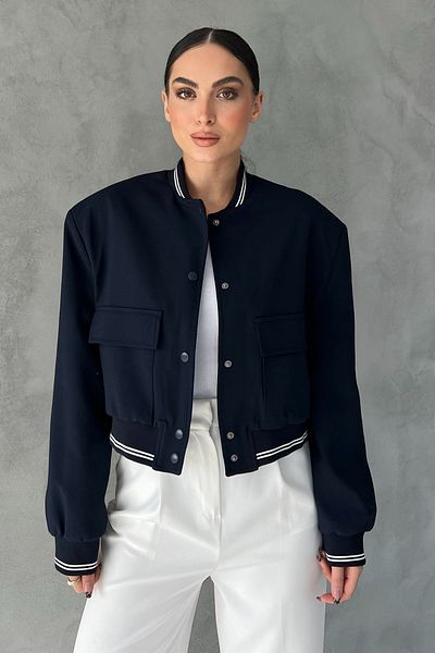 Seda Yalçın Atelier Navy Blue Rib Detailed Bomber Jacket