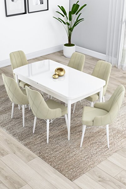 Canisa Kar Serisi 80x132 Açılabilir Mdf Beyaz Mutfak Masa Takımı 6 Krem Sandalye