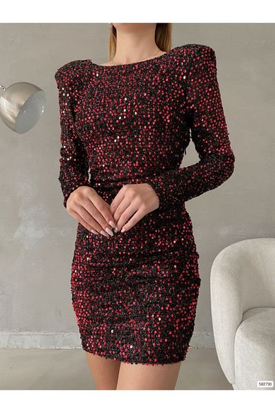 dükkan10butika Women's Long Sleeve Sequin Fabric Backless Slim Fit Short Evening Dress Red