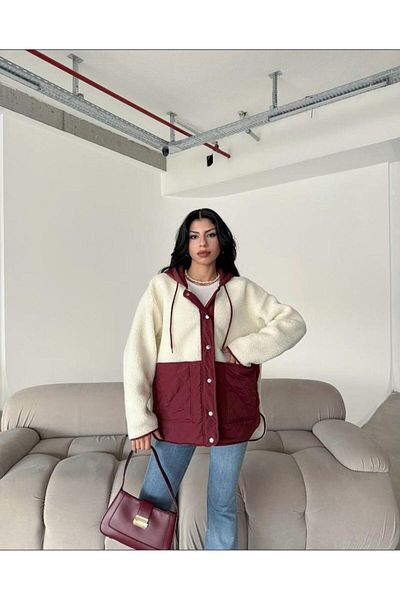 MERSİ Gi̇fest Women's Claret Red Detailed Cream Hooded Plush Cardigan Coat