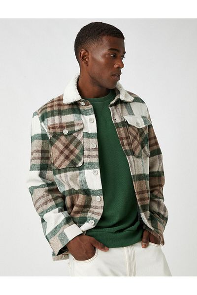 Koton Plush Collar Plaid Jacket