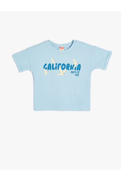 Koton Tricou din bumbac cu mânecă scurtă, cu imprimeu urban, cu gâtul crepus